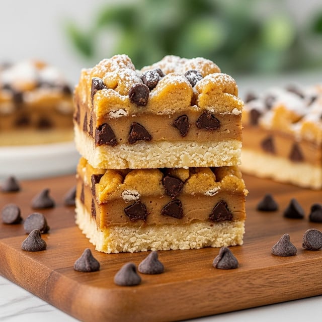 The image shows two stacked dessert bars with three clear layers on a wooden board; the bottom layer is a firm, pale cookie crust, the middle layer is a smooth, golden caramel filling mixed with many dark chocolate chips, and the top layer is a crumbly, golden-brown topping with more dark chocolate chips and a light dusting of white powdered sugar. More chocolate chips are scattered around the bars on the wooden board, and the background has a soft focus with a warm tone. photo taken with an iphone --ar 4:5 --v 7