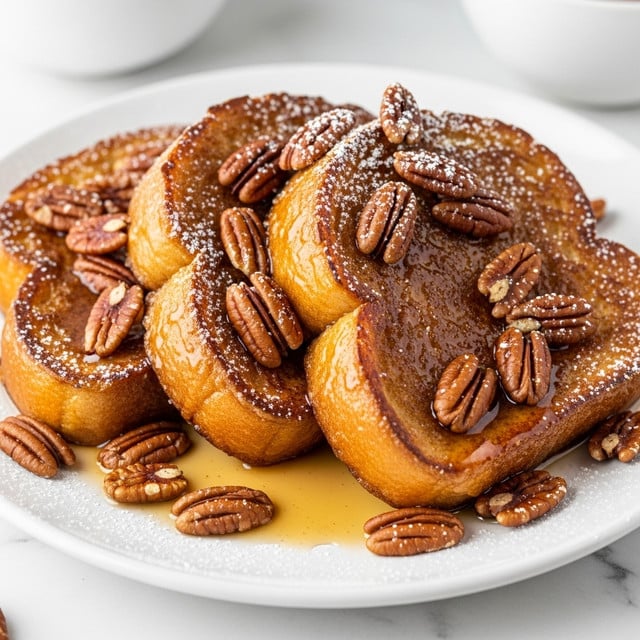 The image shows three thick slices of French toast stacked slightly overlapping on a white plate. Each slice is golden brown with a textured surface showing tiny specks of cinnamon or spices. The toast is covered in a shiny layer of amber syrup that pools around the base and drips slightly over the edges. Several whole pecans are scattered on top and around the toast, adding a contrasting rough texture. There is a light dusting of powdered sugar over the toast and nuts, giving a soft white touch against the warm tones. The plate sits on a white marbled surface with blurred bowls of colorful fruit and nuts in the background. photo taken with an iphone --ar 4:5 --v 7