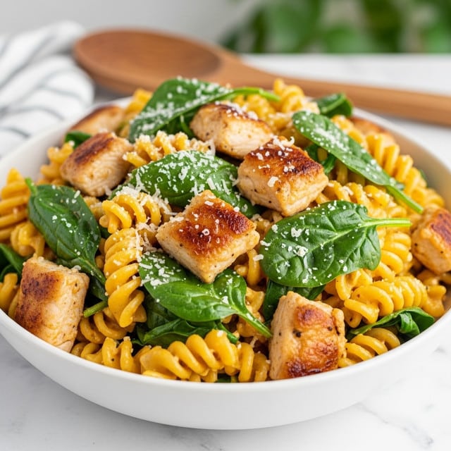 A close-up of a bowl filled with creamy rotini pasta that is yellowish-orange in color, mixed with golden brown grilled chicken pieces scattered throughout. Bright green spinach leaves are spread on top and mixed in, adding color contrast, with finely grated white cheese sprinkled over the dish. The bowl is white and sits on a white marbled texture surface, with a wooden spoon partially visible behind the bowl. The background is softly blurred with a green plant slightly visible. Photo taken with an iphone --ar 4:5 --v 7