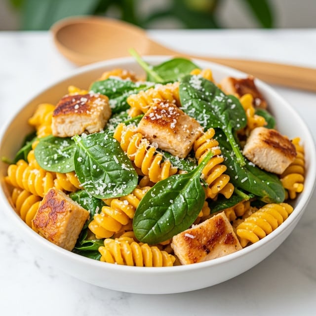 The image shows a close-up of a bowl filled with rotini pasta mixed with grilled chunks of chicken. The pasta is light yellow and coated with a creamy sauce, while the chicken pieces are golden brown with a slightly charred texture. Fresh green herbs are scattered on top, adding a touch of vibrant color, and some finely grated white cheese is sprinkled all over, melting slightly over the warm pasta and chicken. The bowl itself is white, resting on a white marbled surface with a blurred background of a kitchen setting. Photo taken with an iphone --ar 4:5 --v 7