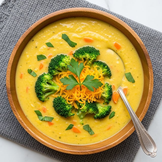 A wooden bowl filled with creamy broccoli cheese soup sits on a soft gray cloth with a wooden spoon in the background on a white marbled surface. The soup has a smooth, pale yellow base with visible small broccoli florets and shredded orange cheddar cheese sprinkled throughout. A large broccoli floret and fresh parsley are placed on top as garnish, adding bright green color and texture. A metal spoon rests inside the bowl's right side, partly submerged in the soup. Another similar wooden bowl is slightly blurred in the background. Photo taken with an iphone --ar 4:5 --v 7