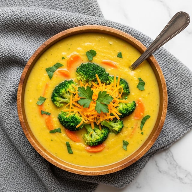 A wooden bowl filled with creamy yellow soup topped with bright green broccoli florets and a sprinkle of shredded orange cheese. Small green herb pieces are scattered over the surface, with a larger sprig of parsley centered on top. The soup has a smooth texture with bits of carrot peeking through, and a silver spoon resting inside the bowl on the right side. The bowl sits on a knitted gray cloth, all placed on a white marbled surface. photo taken with an iphone --ar 4:5 --v 7