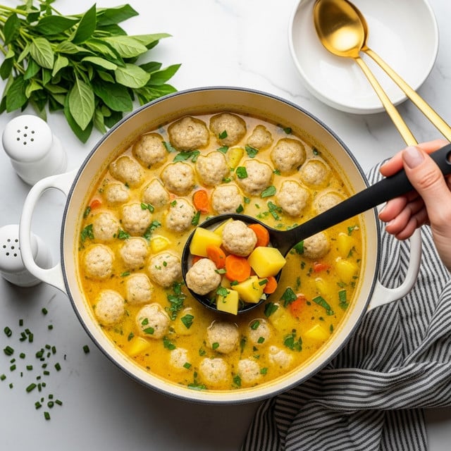 A white pot filled with a creamy yellow soup, topped with many soft, small, irregular dumplings sprinkled with green herbs; a black ladle held by a woman's hand lifts a portion showing chunks of pale yellow potatoes, small orange carrot pieces, and several dumplings coated in the creamy soup; around the pot on a white marbled surface are some green herb sprigs, a striped towel, and a white bowl with two golden spoons inside, along with two white salt and pepper shakers close by; the overall scene is bright and clean with fresh ingredients visible. photo taken with an iphone --ar 4:5 --v 7