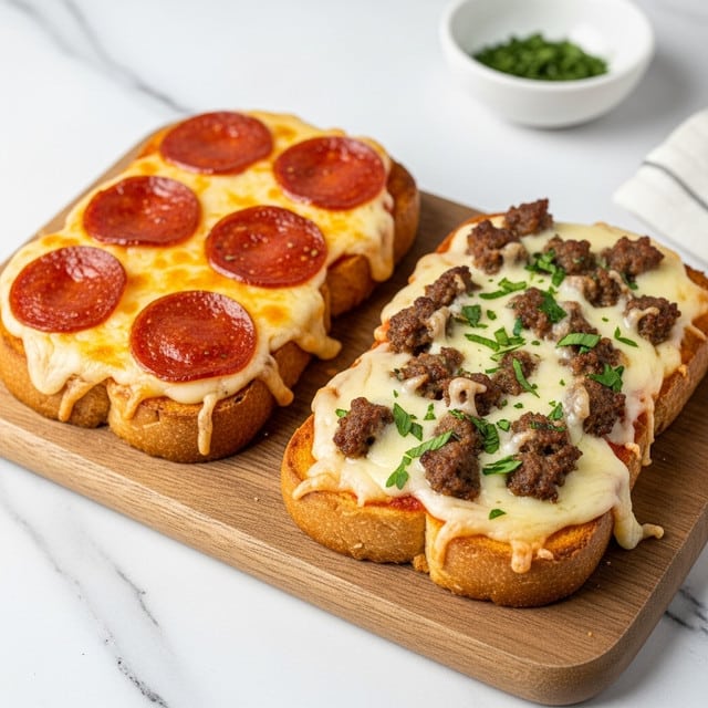 Two slices of thick bread toasted golden brown sit on a wooden board placed on a white marbled surface. Each slice is topped with melted cheese that is bubbly and slightly browned, with one slice covered in round pepperoni slices and the other slice layered with crumbled sausage pieces and chopped green herbs. The melted cheese has a smooth, creamy texture that stretches slightly on the edges of the bread. A small white bowl with green herbs is visible in the background on the white marbled surface. photo taken with an iphone --ar 4:5 --v 7