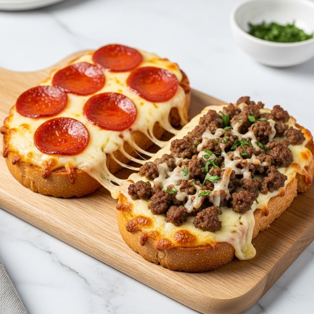 The image shows two thick slices of toasted bread topped with melted cheese, round pepperoni slices, and small browned sausage bits. The bread edges are golden and slightly crispy. The cheese is white and bubbly, covering the bread evenly, with the pepperoni slices placed on top along with scattered sausage pieces. In the background, there is a small white bowl with green garnish on a white marbled surface. The close-up image captures the textures of the bread crust, gooey cheese, and savory toppings. Photo taken with an iphone --ar 4:5 --v 7