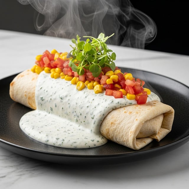 The image shows a close-up of a folded burrito on a white plate, filled with a mix of beans and corn visible at the edges. It is covered in a thick, creamy white sauce with green herbs sprinkled on top, and a generous serving of fresh salsa made from diced red tomatoes and yellow corn sits on the burrito. Steam rises gently from the warm dish, giving a fresh and hot feeling. The background is a white marbled texture. Photo taken with an iphone --ar 4:5 --v 7
