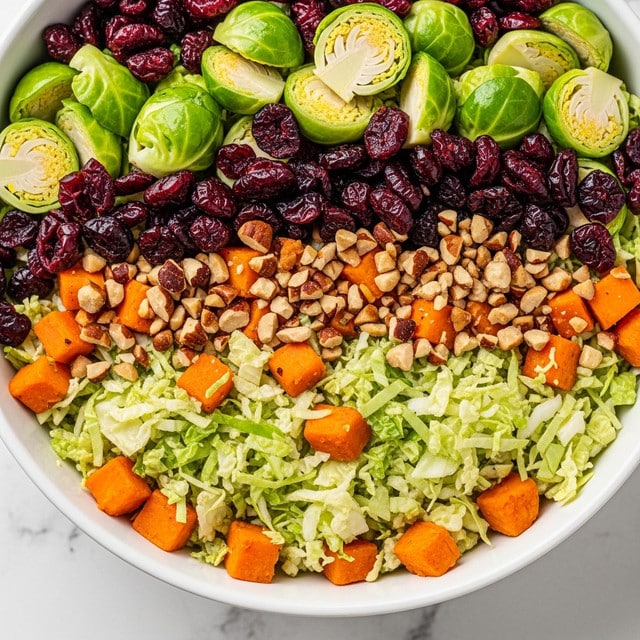 A close-up view of a bowl filled with a colorful salad showing multiple layers and textures. The base layer consists of shredded light green cabbage and small pieces of orange sweet potato cubes scattered throughout. On top, there are halved bright green Brussels sprouts mixed with dried dark red cranberries, adding depth in color. Sprinkled over the salad are small crunchy brown chopped nuts, giving a textured finish. Everything is placed in a white bowl on a white marbled surface. The photo taken with an iphone --ar 4:5 --v 7
