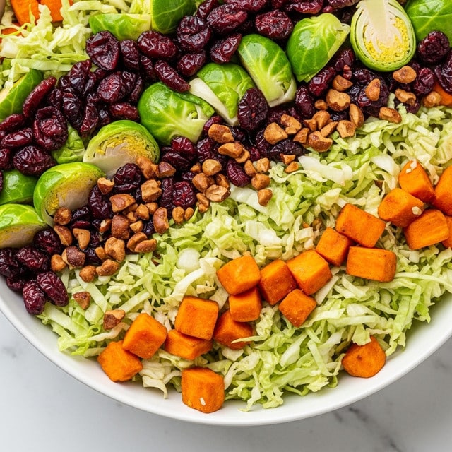A close-up of a fresh salad in a white bowl on a white marbled surface, showing multiple layers with bright green Brussels sprouts, cubed orange sweet potatoes, shredded light green cabbage, and dark red dried cranberries, mixed with toasted brown nuts scattered on top. The textures vary from soft sweet potatoes to crisp Brussels sprouts, and the colors are vibrant and natural. Photo taken with an iphone --ar 4:5 --v 7
