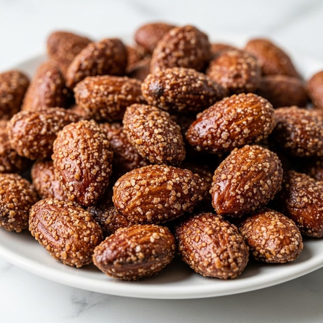 The image shows a close-up of roasted almonds covered in a shiny, crispy brown sugar coating with visible granules of sugar and spices that add texture to the nuts. The almonds are piled together on a white ceramic plate, each nut showing a rough, crunchy surface. The lighting highlights the glossy finish and the uneven texture of the coating, making the almonds look rich and tasty. The background is a white marbled texture. Photo taken with an iphone --ar 4:5 --v 7