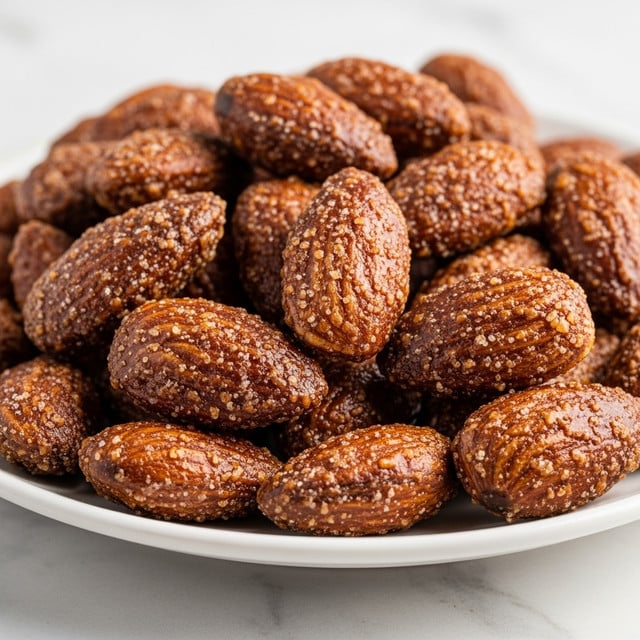 The image shows a close-up view of many roasted almonds covered in a shiny, dark brown glaze with a textured, slightly rough surface from the coating, all piled together on a white plate. The almonds are unevenly shaped and have a crunchy look, with some showing visible sugar crystals. The plate rests on a white marbled background. Photo taken with an iphone --ar 4:5 --v 7