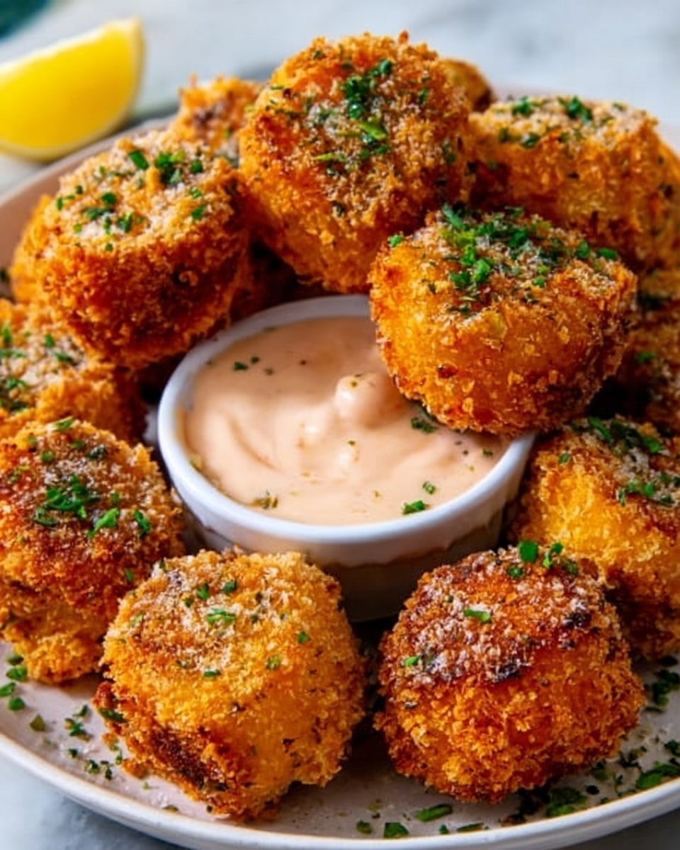 The image shows a pile of crispy, golden-brown fried balls, each topped with a small dollop of light beige creamy sauce and sprinkled with finely chopped green herbs. They are arranged on a white plate with a small white bowl of the same creamy sauce in the center. The fried balls have a crunchy texture visible from the rough surface, and the sauce adds a smooth contrast. A lemon slice is partially visible on the side, and a woman's hand is holding one of the balls. The background features a white marbled texture. photo taken with an iphone --ar 4:5 --v 7
