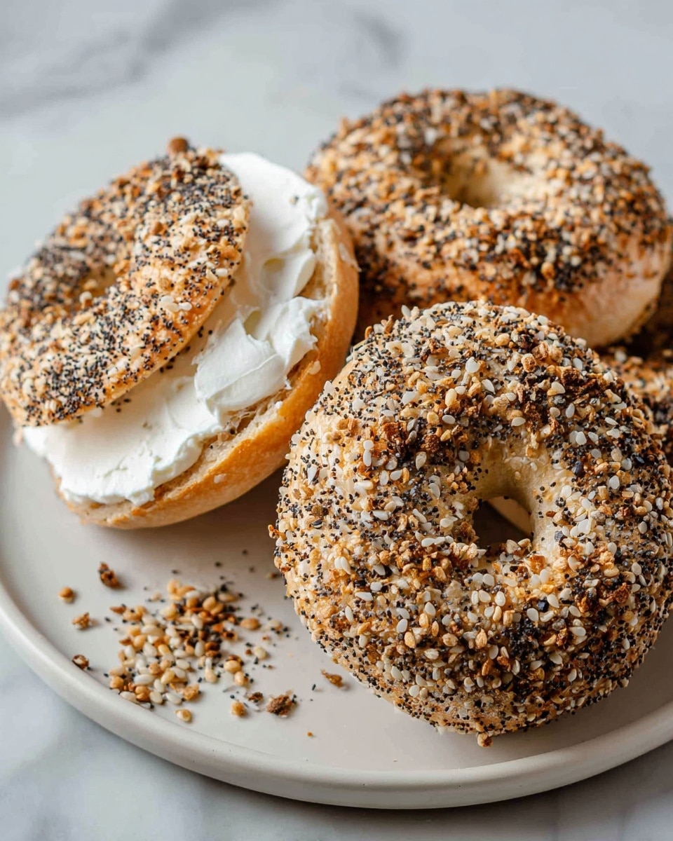 Three toasted bagels with a golden-brown crust are topped with a mix of seeds including black sesame, white sesame, and poppy seeds, giving a speckled rough texture on top. One bagel is cut in half and open, showing a smooth, thick layer of white cream cheese spread on the bottom half. The bagels rest on a white plate with a slight texture, and the background is a white marbled surface. Photo taken with an iphone --ar 4:5 --v 7