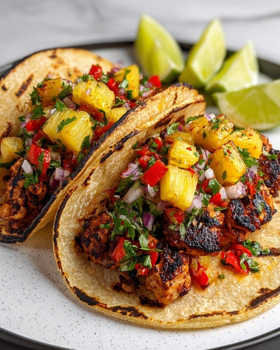 Three tacos are placed side by side on a white plate with a slightly toasted, light golden corn tortilla forming the base. Each taco is filled with a layer of grilled, charred chicken pieces that have a mix of brown and dark grill marks. On top of the chicken, there is a fresh layer of finely chopped white onions, red peppers, and green cilantro for color contrast. Small chunks of bright yellow pineapple are scattered inside the tacos and on the side of the plate. Two lime wedges sit at the edge of the plate. The whole scene is set on a white marbled texture. photo taken with an iphone --ar 4:5 --v 7