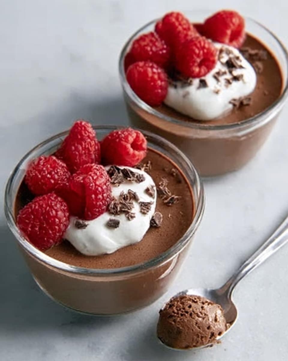 Two glass bowls filled with smooth, dark brown chocolate mousse are placed on a white marbled surface. Each bowl shows two clear layers: the bottom layer is a slightly lighter chocolate mousse, while the top layer is darker and creamier. One bowl is topped with three fresh red raspberries, a small dollop of white cream, and some small dark chocolate shavings on one side. The second bowl has similar toppings and a silver spoon resting inside the mousse with a scoop missing, and another silver spoon holding a spoonful of the mousse lies on the surface nearby. Photo taken with an iphone --ar 4:5 --v 7