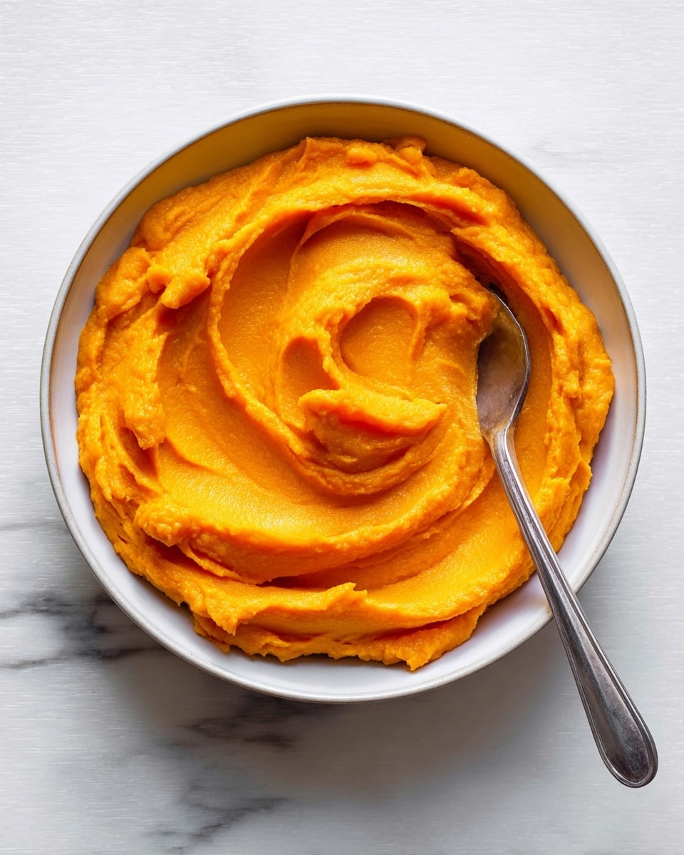 A top view shows a bowl filled with a smooth, thick orange mash, swirled in soft curves across the surface with rich texture. The mash has a glossy shine indicating moisture, and a few deeper orange ridges add depth. A long, dark metal spoon rests inside the bowl, partially covered by the mash at the right side. The bowl itself is white, sitting on a white marbled surface. photo taken with an iphone --ar 4:5 --v 7