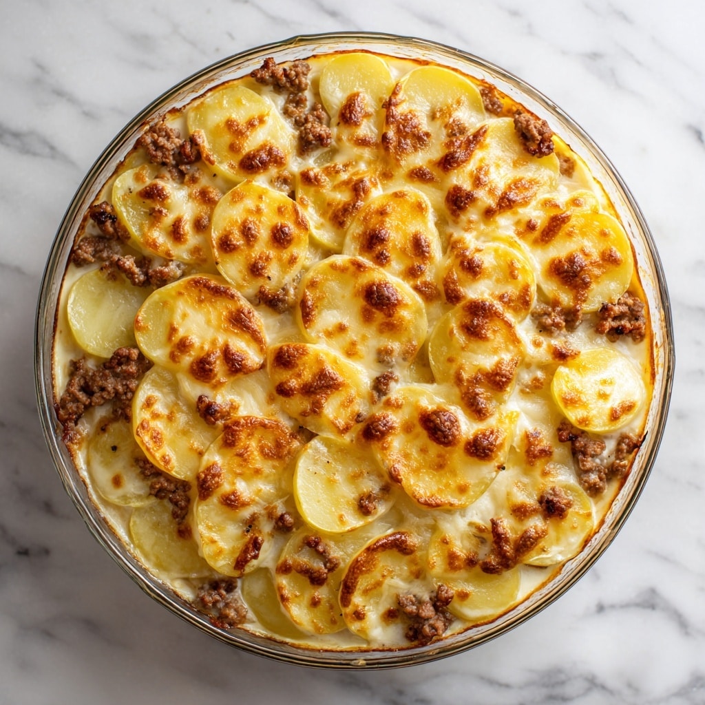 A glass baking dish filled with layers of sliced potatoes at the bottom, topped with browned ground meat, and covered with a thick, melted golden cheese layer with small browned spots. The potatoes are pale yellow with a smooth texture, while the ground meat is brown and crumbly, peeking through the creamy cheese mix on top. The dish is placed on a white marbled surface. photo taken with an iphone --ar 4:5 --v 7