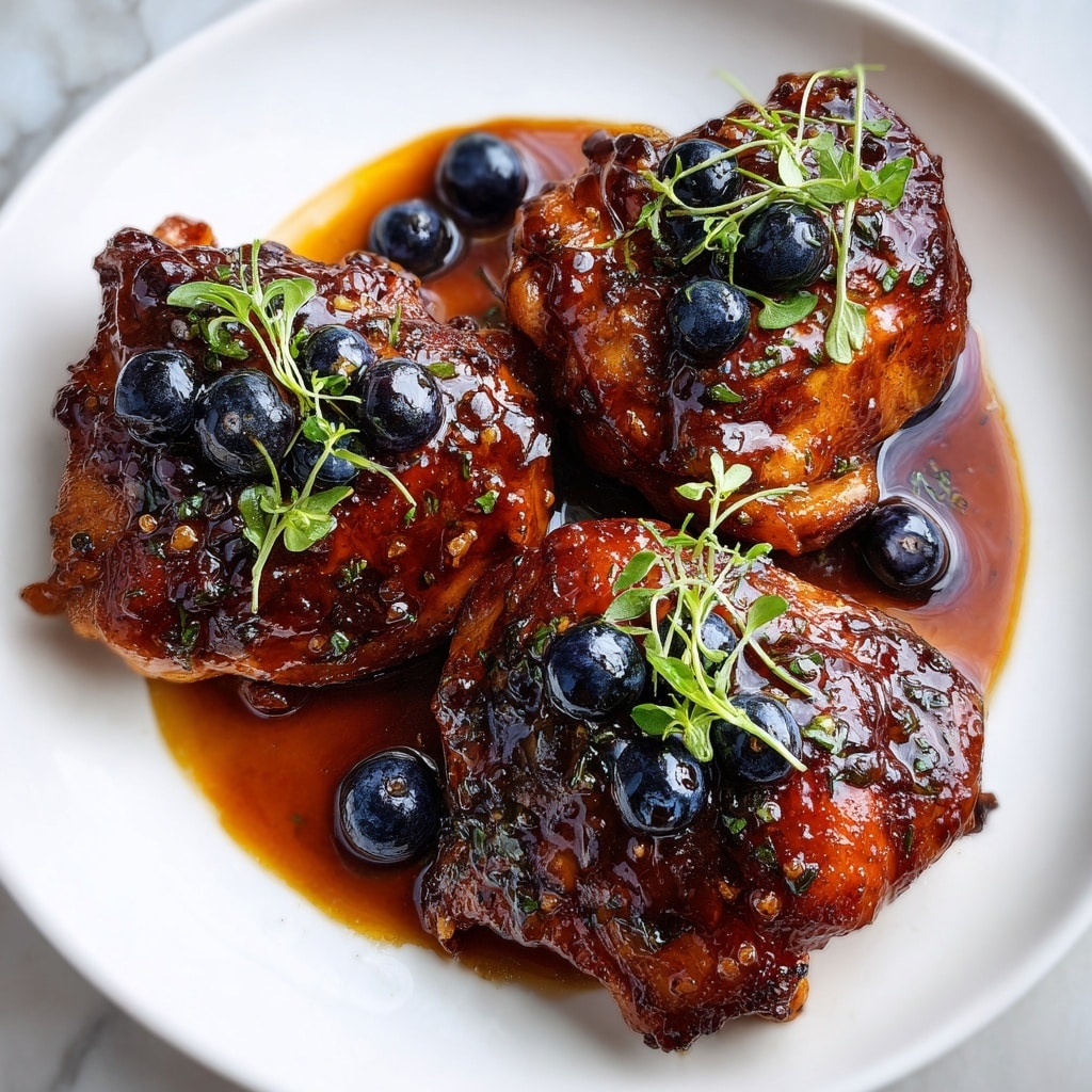 The image shows three pieces of glazed chicken thighs placed on a white plate against a white marbled surface. Each chicken piece is coated with a rich, shiny dark brown sauce with visible black specks, giving a sticky and spicy texture. On top of each chicken thigh are small, glossy dark blue or black berries clustered together, adding contrast. Tiny sprigs of green herbs are gently placed on the berries for a fresh touch. The overall look is glossy, textured, and layered with the juicy chicken base, shiny sauce, dark berries, and bright green herbs. Photo taken with an iphone --ar 4:5 --v 7