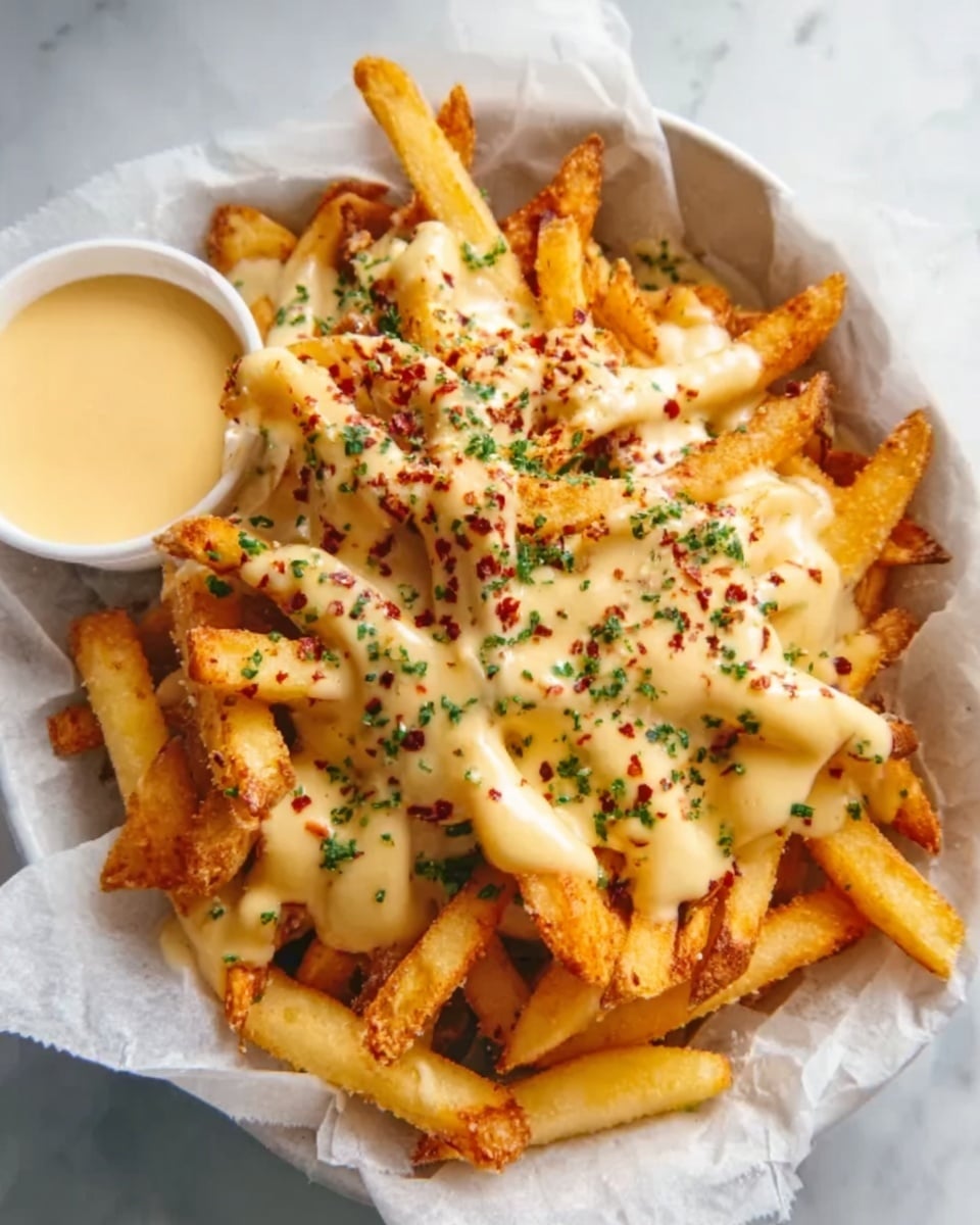 The image shows a white bowl lined with parchment paper filled with crispy golden French fries. On top of the fries, there is a thick layer of melted beige cheese sauce that looks creamy and smooth, coating the fries unevenly. Small green herbs and red seasoning flakes are sprinkled all over the cheese layer, adding color and texture contrast. A small white cup with extra cheese sauce is partially visible near the edge of the bowl. The bowl is placed on a white marbled surface. photo taken with an iphone --ar 4:5 --v 7