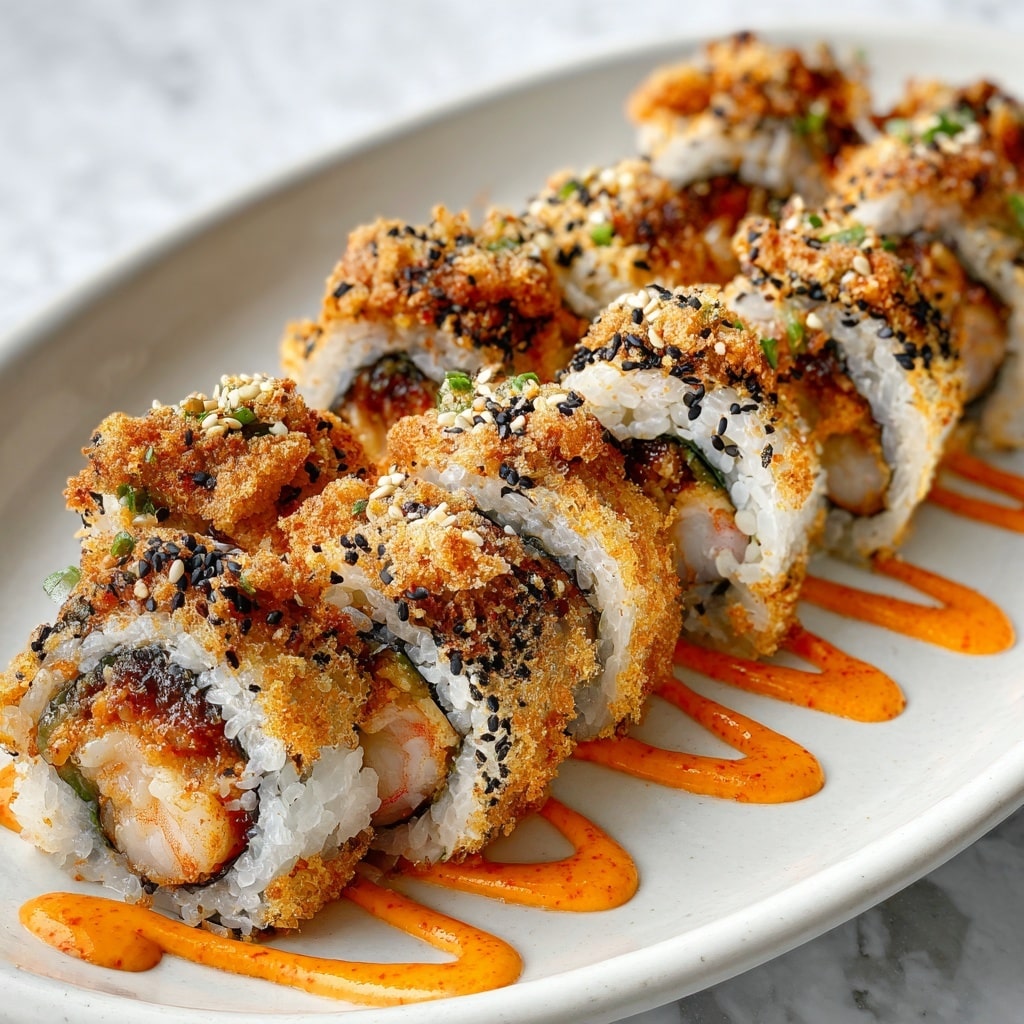 A close-up photo of a sushi roll cut into seven thick pieces arranged in a white oval plate on a white marbled table. Each piece shows layers including seaweed wrapped around sticky white rice, a center of shrimp, and a golden crispy fried outer coating with black and white sesame seeds sprinkled on top. Bright orange spicy mayo sauce is drizzled in zigzag lines under the sushi, adding contrast. The textures look crunchy on the outside with soft rice and shrimp inside, giving a fresh and crispy appearance. Photo taken with an iphone --ar 4:5 --v 7
