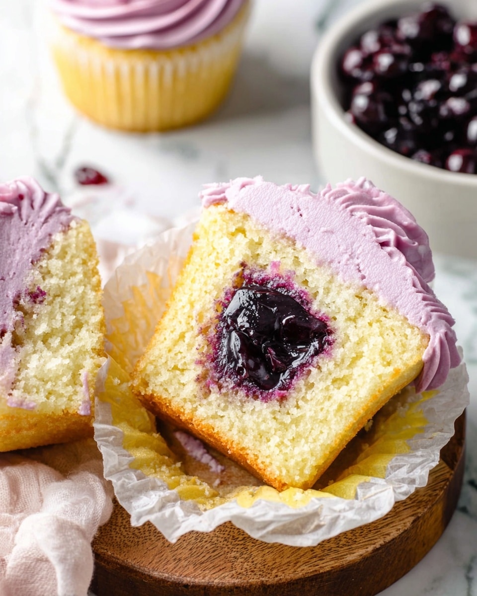 A cupcake cut in half shows three clear layers: the bottom layer is a soft, light yellow cake with a spongy texture, the middle layer is a thick, glossy dark purple filling that looks smooth and rich, and the top layer is pale pink frosting with a ribbed texture, piped around the edge of the cupcake halves. The cupcake rests on white parchment paper over a wooden board, with a small white bowl filled with shiny dark purple berries beside it on a white marbled surface. Photo taken with an iphone --ar 4:5 --v 7