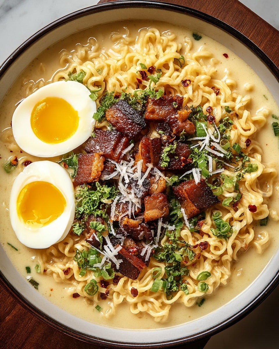 A bowl filled with creamy ramen noodles sits on a white marbled surface. The base layer is pale yellow curly noodles soaked in a light beige broth. On top, there are several crispy brown bacon strips placed around the center. To one side, two halved soft-boiled eggs with bright yellow yolks and firm white edges rest beside the noodles. The whole dish is sprinkled with finely chopped green herbs and scallions, small red chili flakes, and thin shreds of white cheese, adding color contrast and texture. photo taken with an iphone --ar 4:5 --v 7