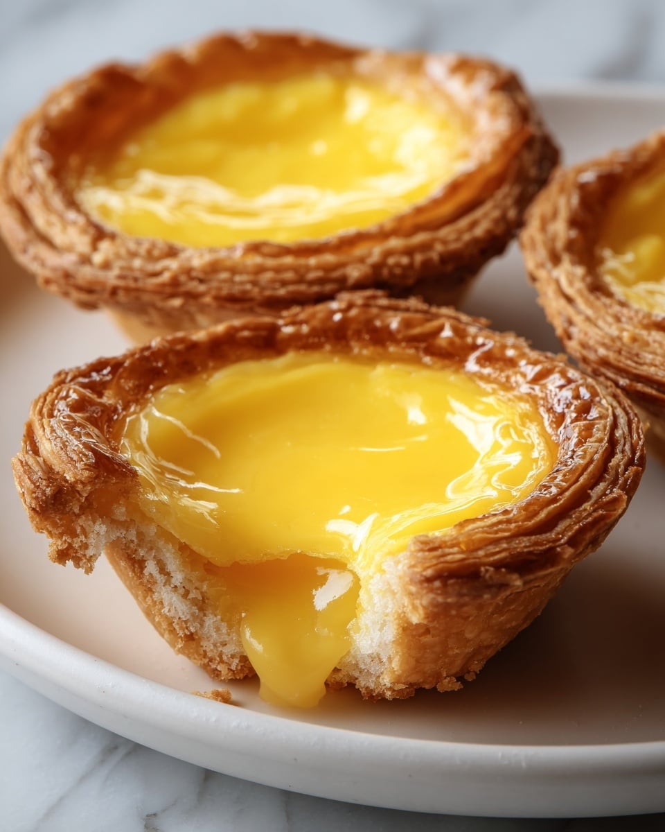 A close-up of three egg tarts on a white plate sitting on a white marbled surface, each tart has a golden brown, flaky crust with visible layers and a smooth, shiny yellow egg custard filling in the center. One egg tart in the front has a bite taken out, showing both the crispy crust’s texture and the creamy custard inside. The lighting highlights the glossy shine on the custard and the delicate flakes of the crust. photo taken with an iphone --ar 4:5 --v 7
