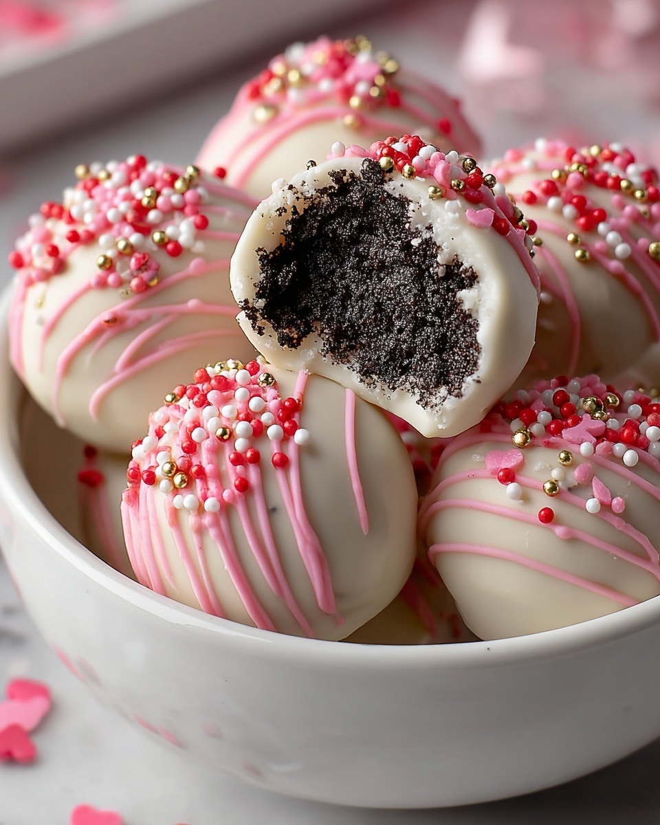A close-up of round cake balls in a white bowl on a white marbled surface, each cake ball covered in a smooth white coating with pink drizzled lines over the top. They are decorated with small round sprinkles in red, pink, white, and shiny gold, creating textured color contrasts. One cake ball is held above the others, bitten to show a dark, crumbly chocolate inside. The arrangement looks soft and colorful with the shiny sprinkles adding sparkle. photo taken with an iphone --ar 4:5 --v 7