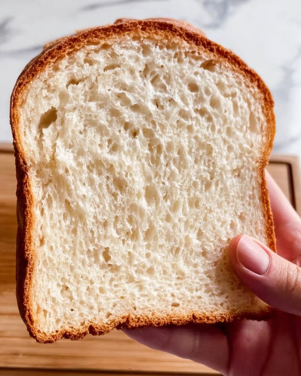 The image shows one slice of plain white bread being held at the bottom right corner by a woman's hand with fingers touching the bread. The bread has a golden-brown crust all around the top edge and upper sides, with a soft, light beige interior full of small air holes. The background is a white marbled texture with a wooden surface visible behind the bread. Photo taken with an iphone --ar 4:5 --v 7