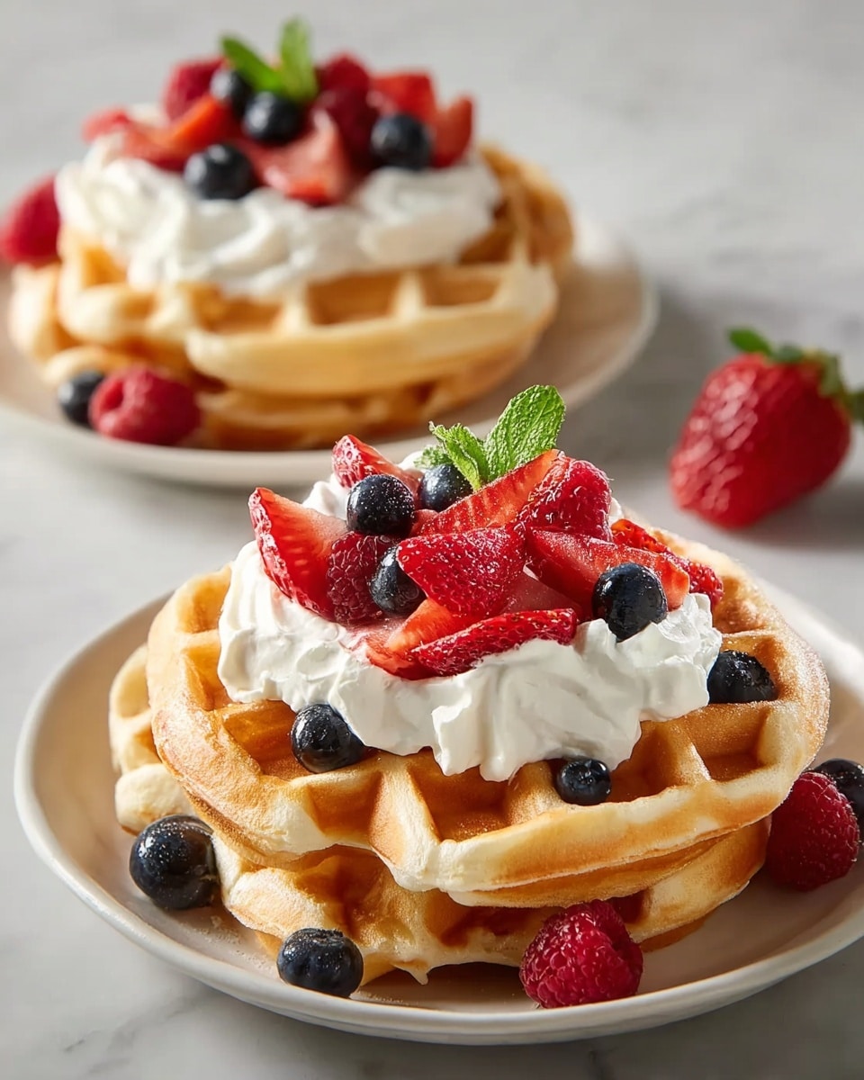 A stack of two golden brown waffles with a crispy texture sits on a white plate on a white marbled surface. The top waffle is covered with a thick layer of white whipped cream, topped with fresh red strawberries sliced, whole red raspberries, dark blue blueberries, and a small green mint leaf in the center. Some berries scatter around the plate, adding color contrast. A second plate with a similar waffle stack and toppings is slightly blurred in the background. photo taken with an iphone --ar 4:5 --v 7