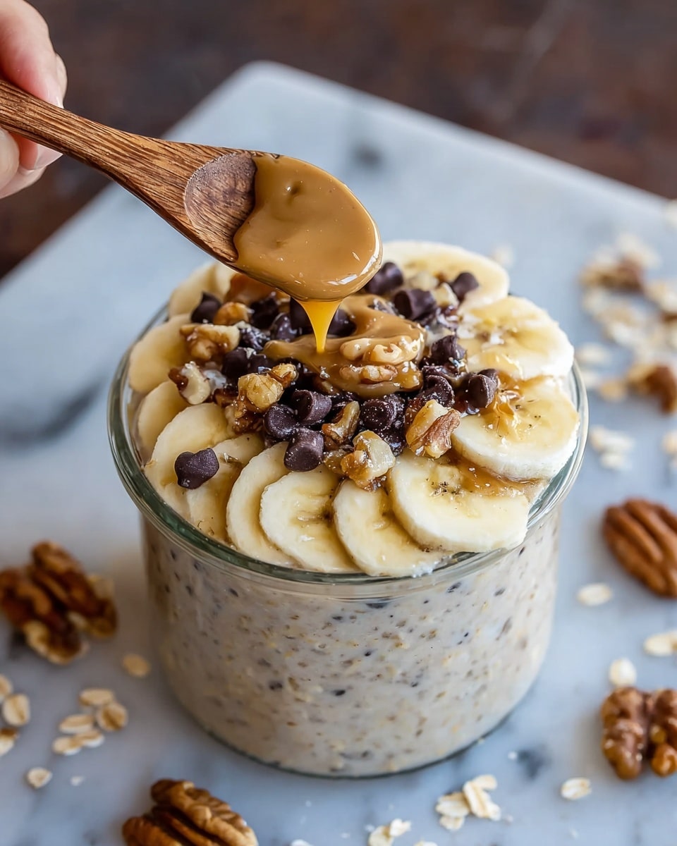 A clear glass bowl filled with a creamy oatmeal base mixed with chia seeds and oats forms the bottom layer. On top, there is a layer of scattered walnut pieces and dark chocolate chips spread evenly. Over this, thick banana slices are arranged along the edge of the bowl, encircling the nuts and chocolate chips. A wooden spoon held by a woman's hand is pouring a caramel-colored syrup over one banana slice, some syrup dripping down. The bowl sits on a white marbled surface with scattered oats, walnuts, and chocolate chips around it. photo taken with an iphone --ar 4:5 --v 7