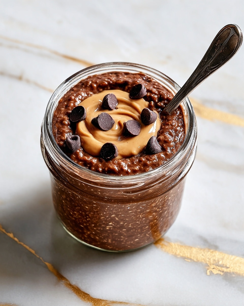 The image shows a jar filled with a thick, creamy dark brown chocolate mixture with small bits of texture visible inside. On top, a light brown peanut butter swirl is elegantly drizzled in a circular pattern, accented by seven glossy dark chocolate chips evenly spaced around the swirl. A silver spoon is placed inside the jar, leaning against its rim. The jar sits on a white marble surface with subtle gold veins running through it. photo taken with an iphone --ar 4:5 --v 7