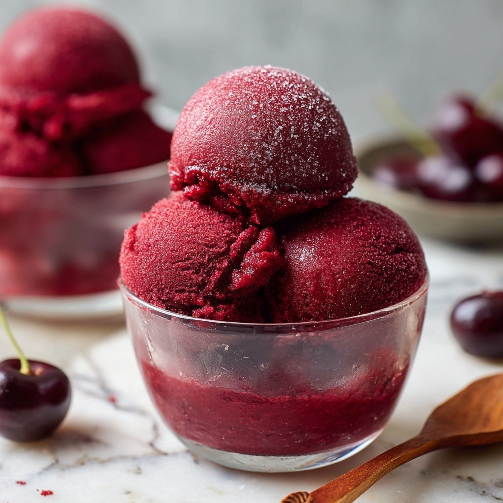 A close-up of three smooth, round scoops of deep red cherry sorbet stacked in a small clear container, showing rich, icy texture with small air pockets and gentle ridges across the sorbet surface. The container sits on a white marbled surface with a fresh dark red cherry nearby, and another similar container of sorbet blurred softly in the background. Soft natural light from a nearby window highlights the sorbet's vibrant color and frosty texture. photo taken with an iphone --ar 4:5 --v 7