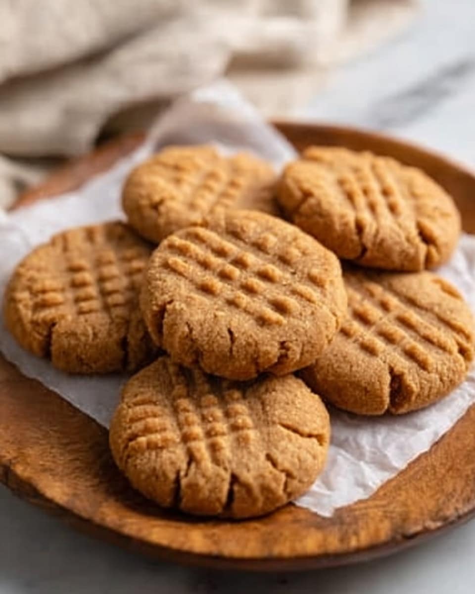 A wooden round tray is lined with white parchment paper, holding a pile of golden brown peanut butter cookies. The cookies have a rough texture with visible fork marks pressed in a crisscross pattern on top. The cookies are unevenly stacked, some leaning on others, showing their soft and crumbly edges. In the background, a white marbled texture surface is faintly visible. The photo taken with an iphone --ar 4:5 --v 7