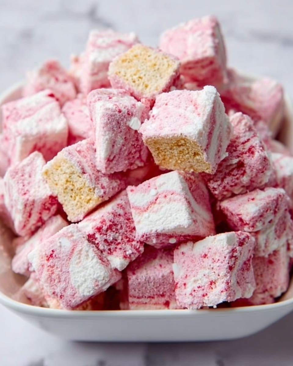The image shows a white square dish filled with small square treats. Each treat has three visible layers: the bottom is a light tan crumbly base, the middle is thin and pale, and the top is covered in a pink and white speckled coating with a textured, slightly rough surface. The treats are stacked unevenly, creating a heap that nearly fills the dish, with some pieces angled to show the layers clearly. The background is a white marbled texture. photo taken with an iphone --ar 4:5 --v 7