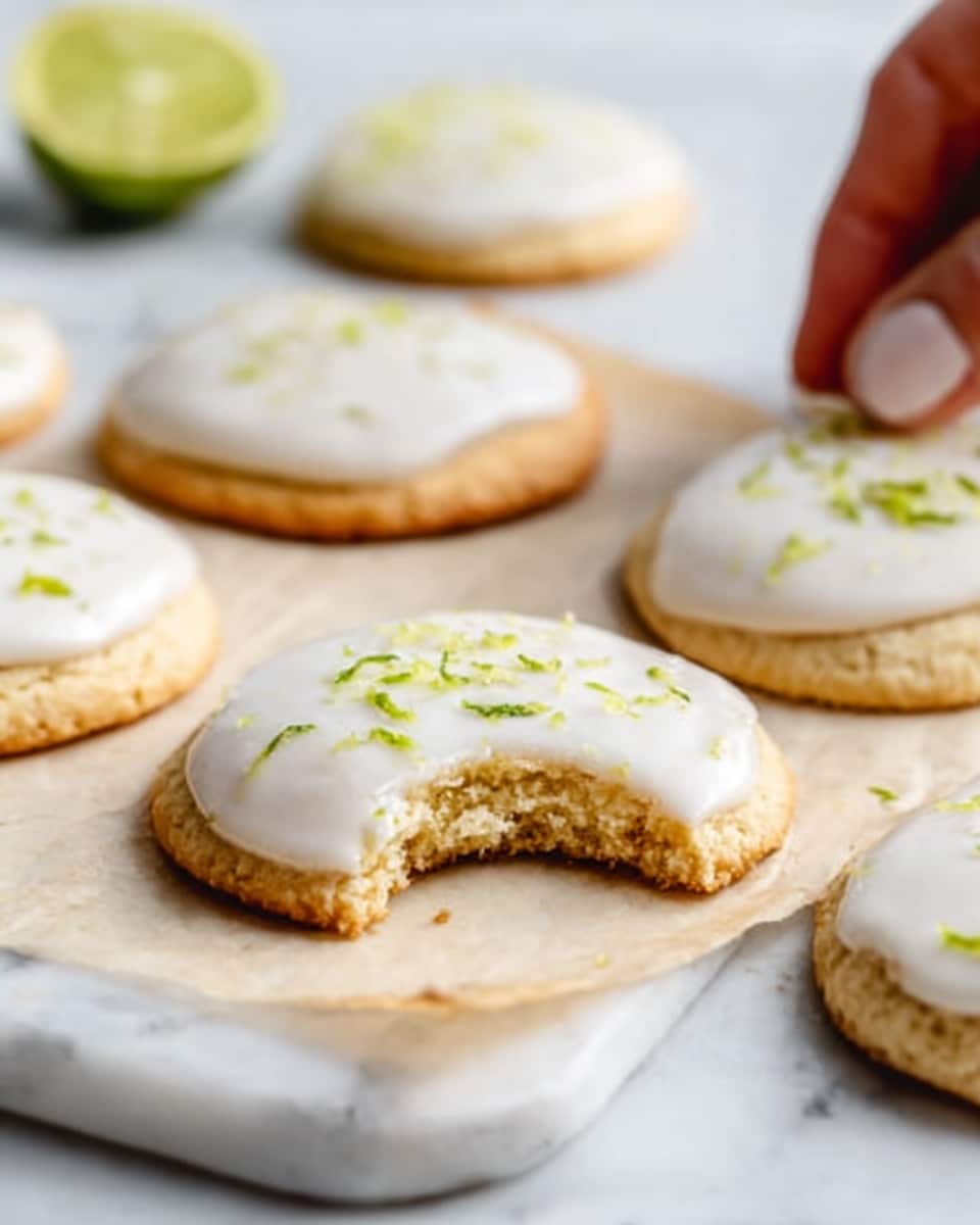 The image shows a close-up of three star-shaped cookies on a white marble surface, each topped with a thick layer of smooth white icing. The icing on each cookie is sprinkled with small green zest pieces, adding a pop of color. One cookie in the front has a bite taken out of it, revealing a soft, dense, light brown cookie texture inside. In the background, there is a halved lime and some more cookies scattered around softly blurred. A woman's hand is not visible but implied to be just outside the frame. The whole scene is bright and clean with natural light highlighting the textures. Photo taken with an iphone --ar 4:5 --v 7