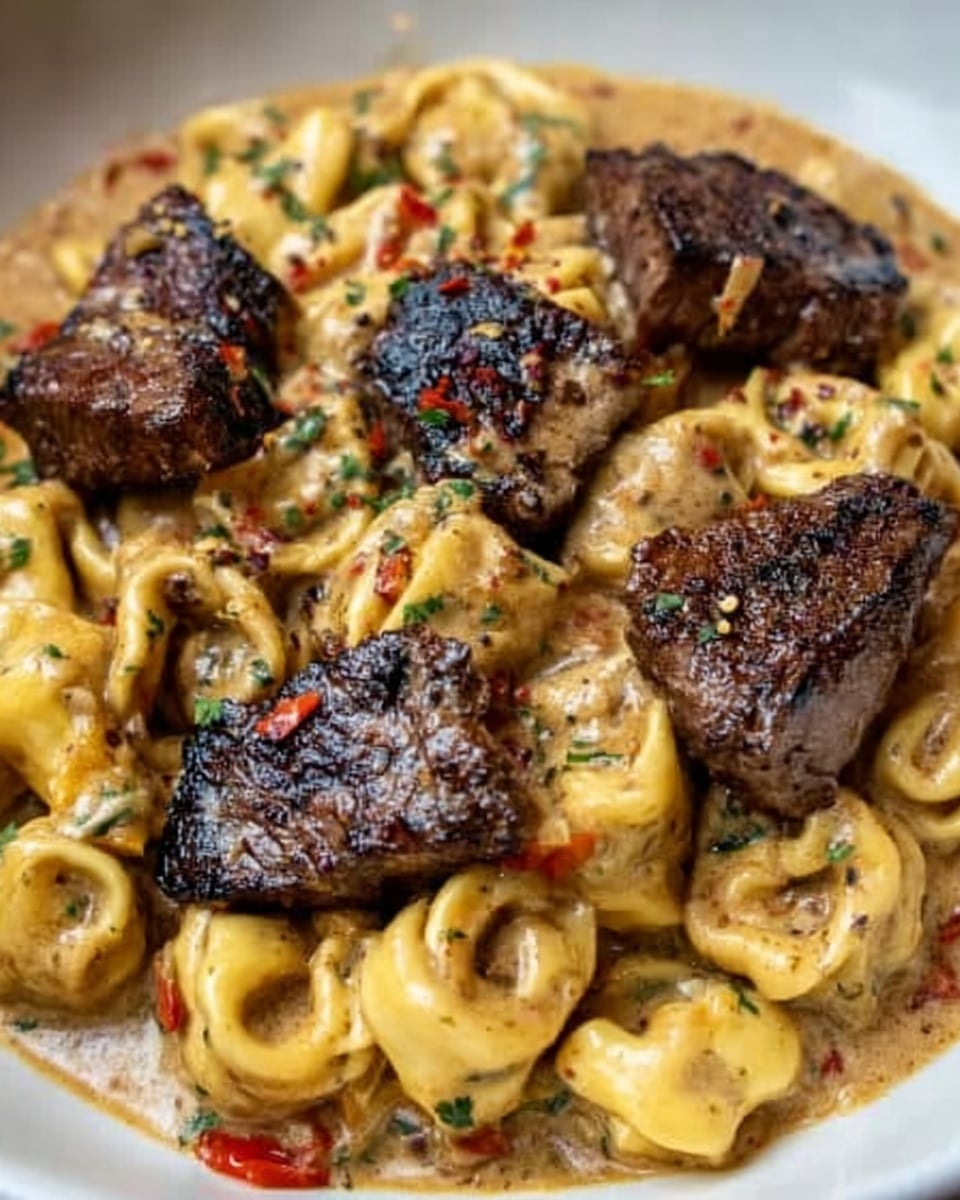 This image shows a close-up of a white plate filled with golden-brown tortellini pasta covered in creamy mushroom sauce. On top of the pasta are several pieces of dark, grilled meat with a slightly charred texture. The sauce looks thick and rich, with visible small bits of herbs and red pepper flakes scattered throughout. Small green chopped herbs are sprinkled on the dish as garnish. The background surface is white marble, and the photo focuses closely on the dish. Photo taken with an iphone --ar 4:5 --v 7
