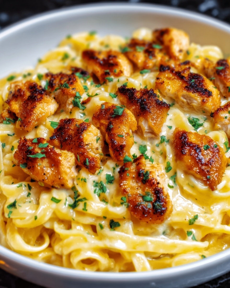 A white plate holds creamy fettuccine pasta topped with golden-brown, grilled chicken pieces that have a slight char and crispy edges. The pasta is mixed with a smooth, light-colored sauce, while small green herbs are sprinkled over the chicken, adding a fresh touch. The dish looks rich and creamy with the chicken sitting clearly on top of the noodles. The background is a white marbled texture. photo taken with an iphone --ar 4:5 --v 7