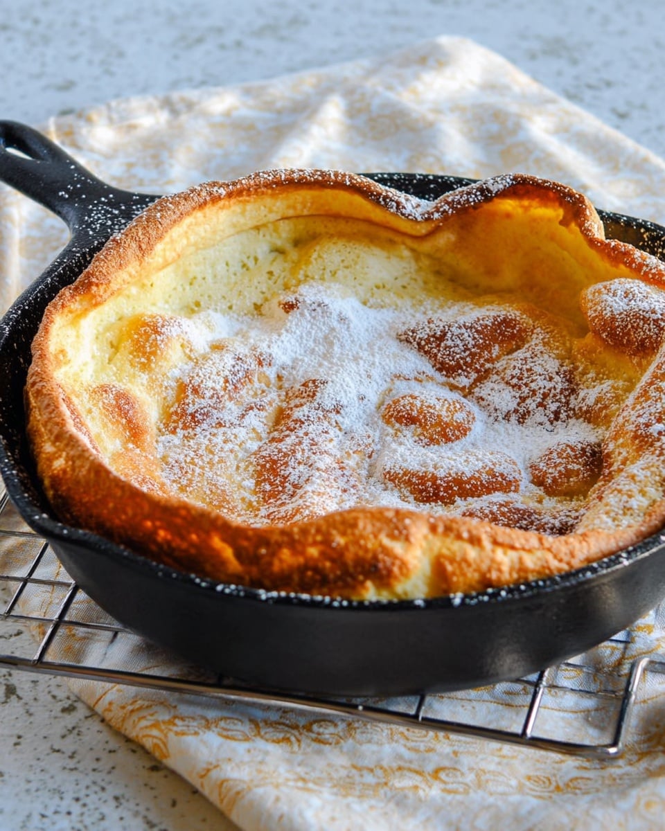A golden-brown Dutch baby pancake sits in a black cast iron skillet, the edges puffed up and crispy while the center is soft and slightly sunken. The pancake is dusted evenly with a fine layer of white powdered sugar, giving it a light, snowy look. The skillet rests on a white cloth with blue patterns, placed on a copper cooling rack, all set against a white marbled surface. photo taken with an iphone --ar 4:5 --v 7