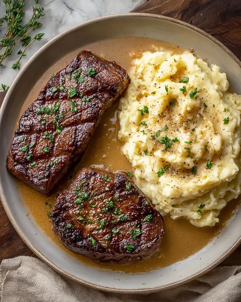 The image shows a round white plate with two thick, browned steaks placed on the left side. The top steak has a bone in it and both steaks have textured, crisped grill marks with a few green herb bits sprinkled on top. On the right side of the plate is a large serving of creamy mashed potatoes, topped with some black pepper and chopped green herbs, giving a slightly rough texture. Surrounding the food is a light brown sauce that fills the bottom of the plate and adds a glossy look. The plate is placed on a white marbled surface with a beige cloth partially visible to the top left and silver knife and fork at the bottom left. photo taken with an iphone --ar 4:5 --v 7