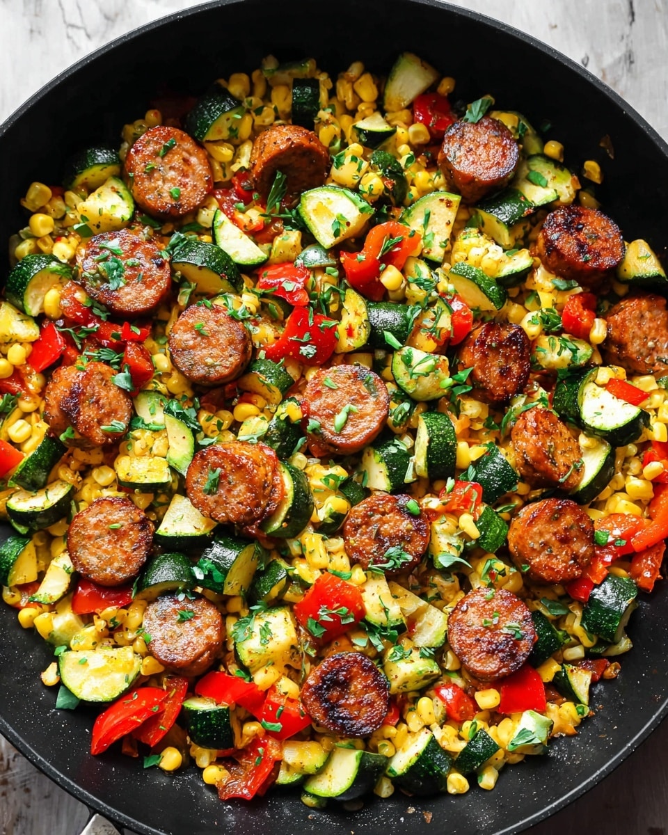 A black skillet filled with a colorful mix of cooked food, showing three main layers: at the bottom, bright yellow corn kernels scattered throughout; above that, chopped red bell peppers and green zucchini slices add vibrant colors and textures; on top, round browned sausage slices are placed evenly, each piece glistening with a slight shine. The dish is sprinkled with fresh small green herb pieces on the top, all sitting on a white marbled surface. photo taken with an iphone --ar 4:5 --v 7