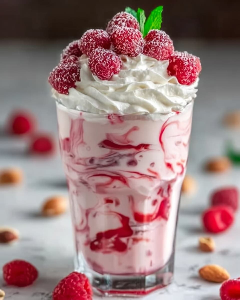 The image shows a clear glass filled with a pink creamy dessert that has swirls of red fruit sauce mixed inside, creating a marbled effect. The dessert is topped with a thick layer of white whipped cream, and fresh raspberries dusted with powdered sugar are placed on top, along with a small green mint leaf as garnish. The glass is set against a white marbled surface, with a few scattered almonds and raspberries around it. Photo taken with an iphone --ar 4:5 --v 7
