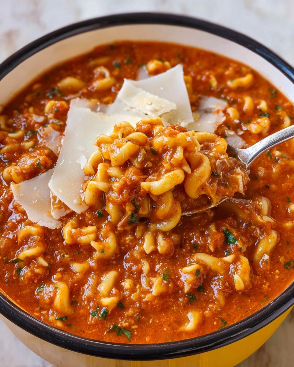 A close-up of thick, rich tomato-based pasta soup in a yellow pot with a dark rim, showing one scoop lifted on a shiny silver spoon from the right side. The soup is deep red-orange with visible herbs and small chunks, filled with curly, wavy pasta pieces swirled through the sauce. Melted pale yellow cheese is scattered on top, partially mixing into the thick textured broth. The background is a white marbled texture. photo taken with an iphone --ar 4:5 --v 7