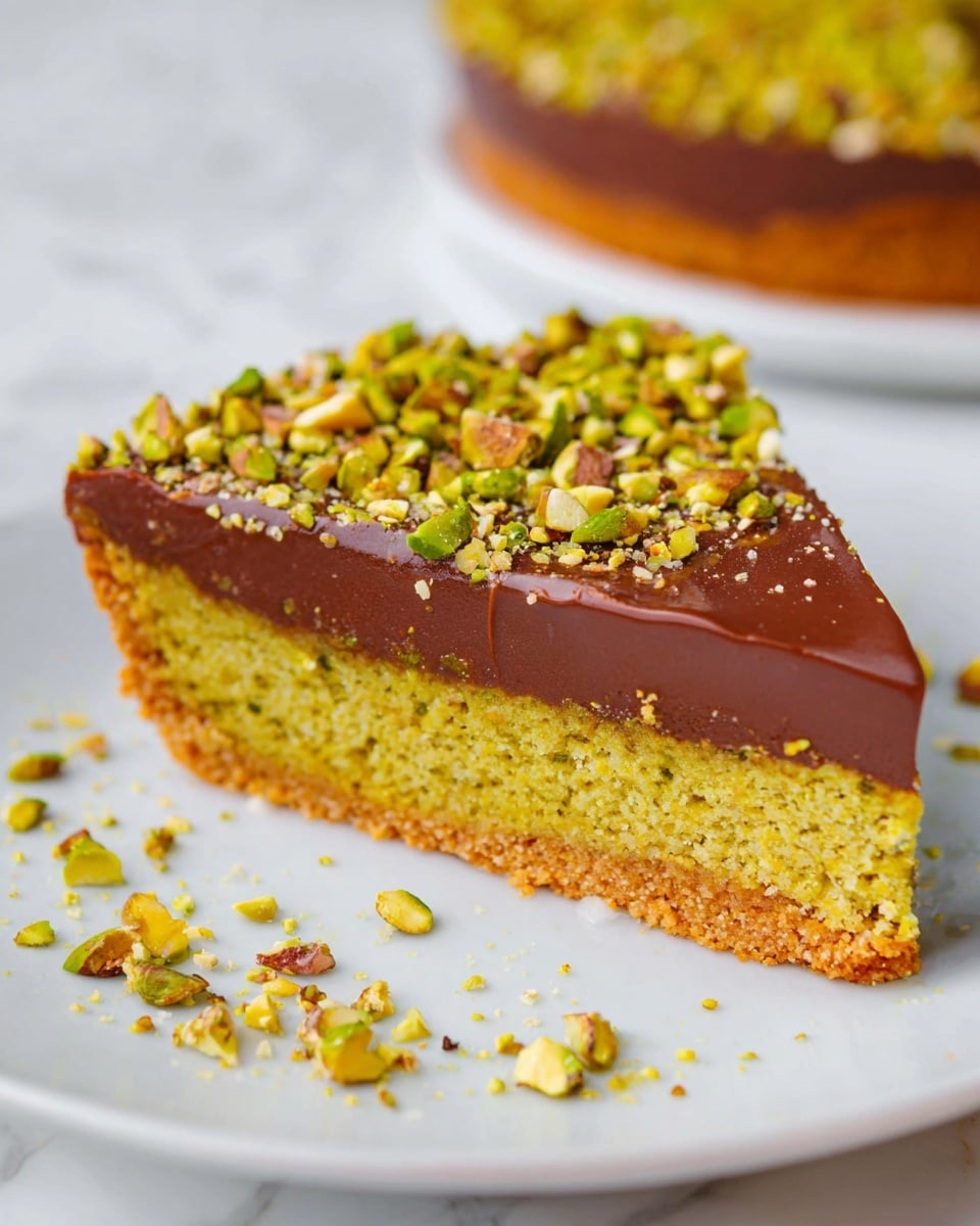 A slice of pie sits on a white plate on a white marbled surface, showing three distinct layers: a bottom crust in light brown, a thick middle layer in golden yellow with a slightly rough texture, and a smooth, glossy chocolate layer on top. The pie is sprinkled with small pieces of green and orange chopped pistachios that add texture and color, some pieces are scattered around the plate. The background has blurred pieces of the same pie in white dishes. Photo taken with an iphone --ar 4:5 --v 7
