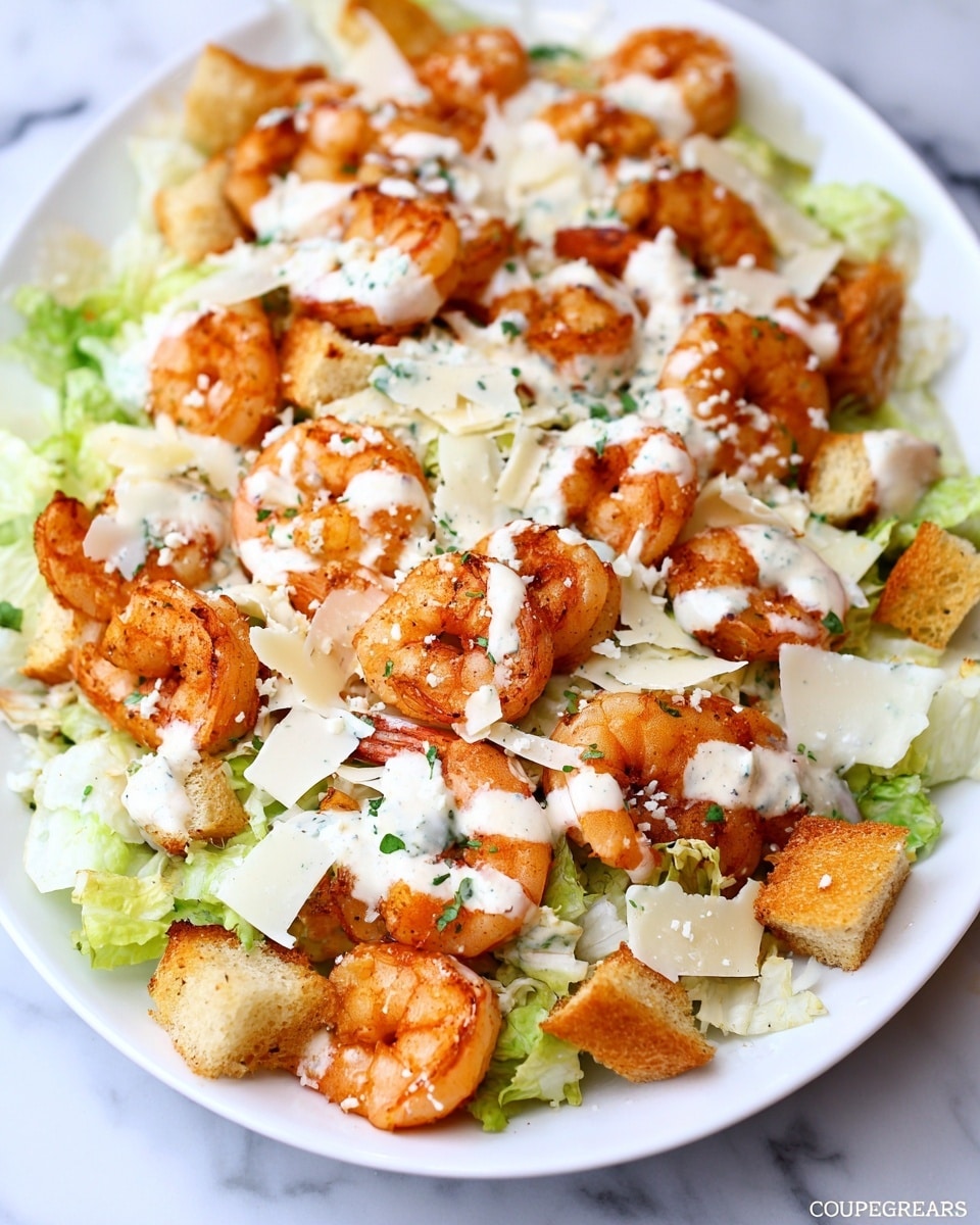 A white bowl filled with a shrimp salad, starting with a base layer of chopped light green lettuce around the edges, topped with crispy golden croutons spread all over, followed by a generous layer of bright orange cooked shrimp scattered evenly. On top, there are uneven white dollops of creamy dressing spread across the shrimp and croutons, garnished with thin, pale cream-colored shaved cheese and small bits of green herbs sprinkled over the whole dish. The bowl sits on a white marbled surface. photo taken with an iphone --ar 4:5 --v 7