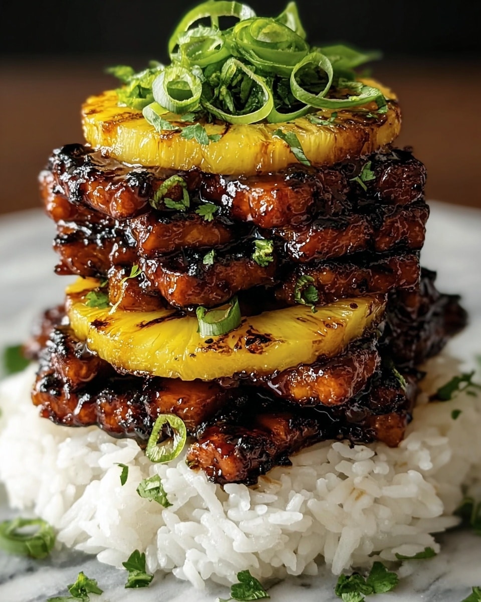 This dish is shown as a tall stack with four layers on a flat white surface with a white marbled texture in the background. The base layer is white, fluffy rice with small pieces of green onion scattered on top and around it. Above the rice is a thick layer of dark brown glazed tempeh, shiny and textured with charred spots. The third layer is a bright yellow circular slice of grilled pineapple with slight grill marks. On top of that, another thick layer of dark brown, glazed, and grilled tempeh is stacked. Finally, the dish is topped with fresh green chopped scallions and some green leafy herbs that add color contrast. The entire stack looks glossy and richly sauced, emphasizing the caramelization and texture of the tempeh. photo taken with an iphone --ar 4:5 --v 7