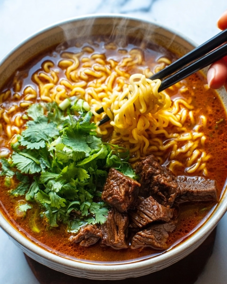 A white bowl filled with rich, dark brown broth and cooked ramen noodles. On top, there are several chunks of tender beef arranged in a circle. Fresh green cilantro leaves sit in the middle, adding a bright color contrast. A pair of black chopsticks held by a woman's hand lifts a portion of yellowish noodles from the bowl. The bowl is placed on a white marbled surface. photo taken with an iphone --ar 4:5 --v 7
