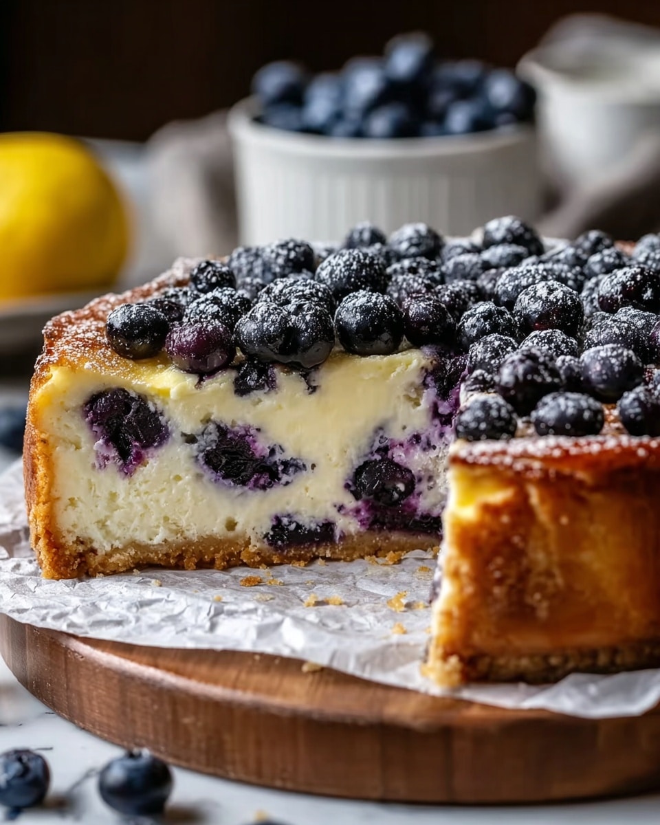 A round cheesecake with a thick, crumbly golden crust holds a creamy white filling studded with dark purple blueberries. The top layer is covered with whole fresh blueberries, some dusted lightly with powdered sugar, adding a soft white accent. The cheesecake is cut to show the dense, smooth texture inside filled with pieces of blueberries. The cake sits on white parchment on a wooden board, with a softly blurred bowl of blueberries and half a lemon in the background, all on a white marbled surface. photo taken with an iphone --ar 4:5 --v 7