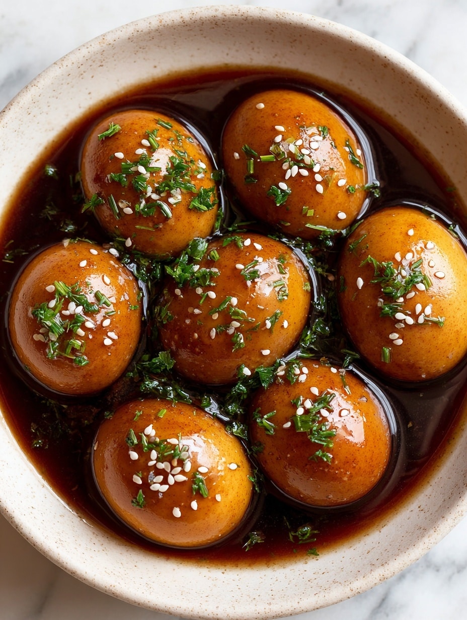 The image shows a close-up of a bowl filled with several brown eggs coated in a glossy, dark soy-like sauce. The eggs have a smooth texture with some cracks visible on the surface, and they are sprinkled with small pieces of green chopped herbs and tiny bits of white sesame seeds. The bowl is white, and it sits on a white marbled textured surface, making the rich brown colors of the eggs and sauce stand out. The scene is well-lit, showing the shiny details of the sauce and fresh herbs. Photo taken with an iphone --ar 4:5 --v 7