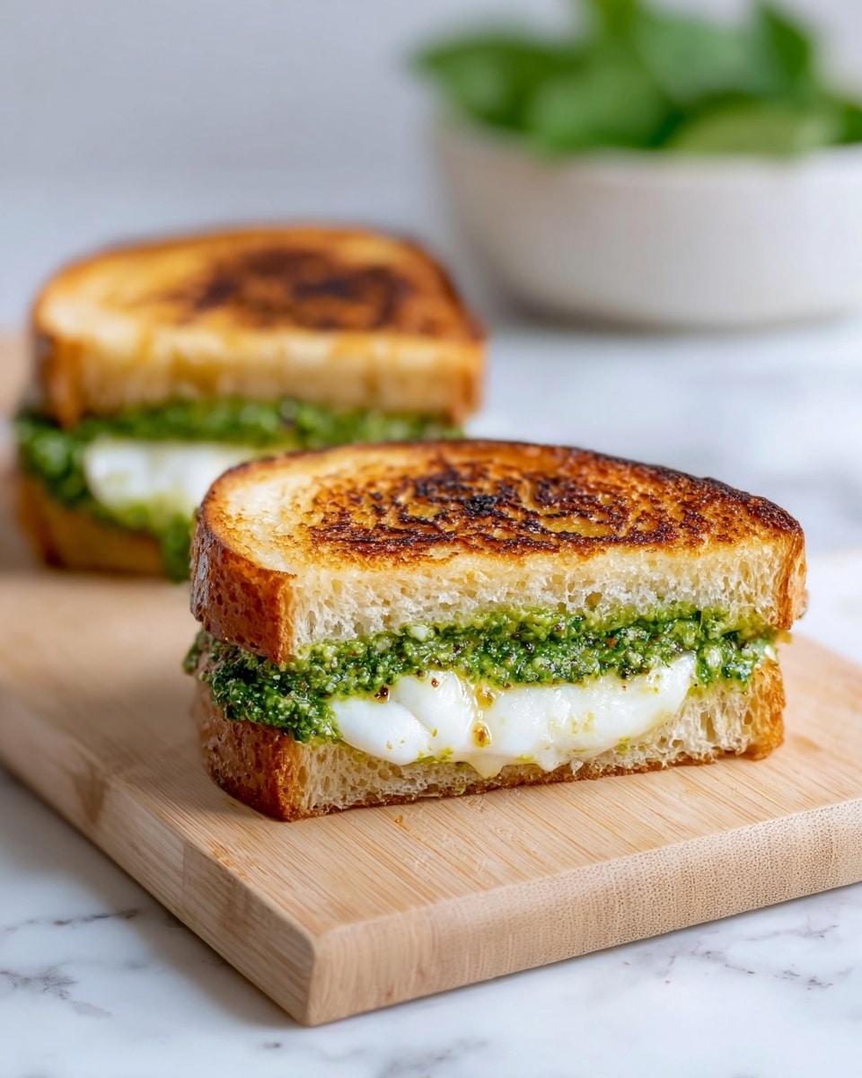 A toasted sandwich cut in half is shown on a wooden board placed on a white marbled surface. The sandwich has two slices of golden-brown toasted bread with a slightly darkened texture on top. Inside, there are two main layers: a thick layer of bright green pesto spread on the bottom slice, and a thick, soft white cheese layer on top of the pesto. The cheese looks creamy and slightly shiny. In the blurry background, another half sandwich and a white bowl with green leaves are visible. Photo taken with an iphone --ar 4:5 --v 7
