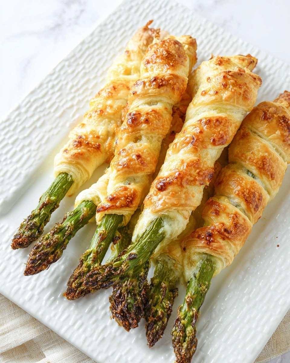 The image shows six pieces of green asparagus spears tightly wrapped in golden-brown puff pastry, arranged flat in a neat row on a white square plate with a textured pattern. The puff pastry looks flaky and crispy with some areas showing a lightly browned, bubbly surface. The green tips and ends of the asparagus peek out from both sides of the pastry, adding a fresh contrast to the warm tones of the baked dough. The plate is placed on a white marbled texture that is partly covered by a white cloth. Photo taken with an iphone --ar 4:5 --v 7